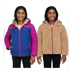 Eddie Bauer Girls Youth Reversible Jacket Pink Purple Tan Fleece Hood 10/12 Med